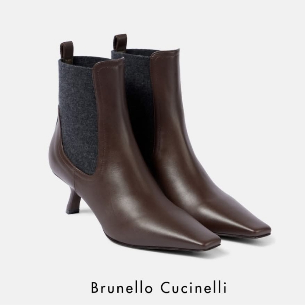 NEW Brunello Cucinelli Leather Monili Comma-Heel Ankle Boots Size 39.5